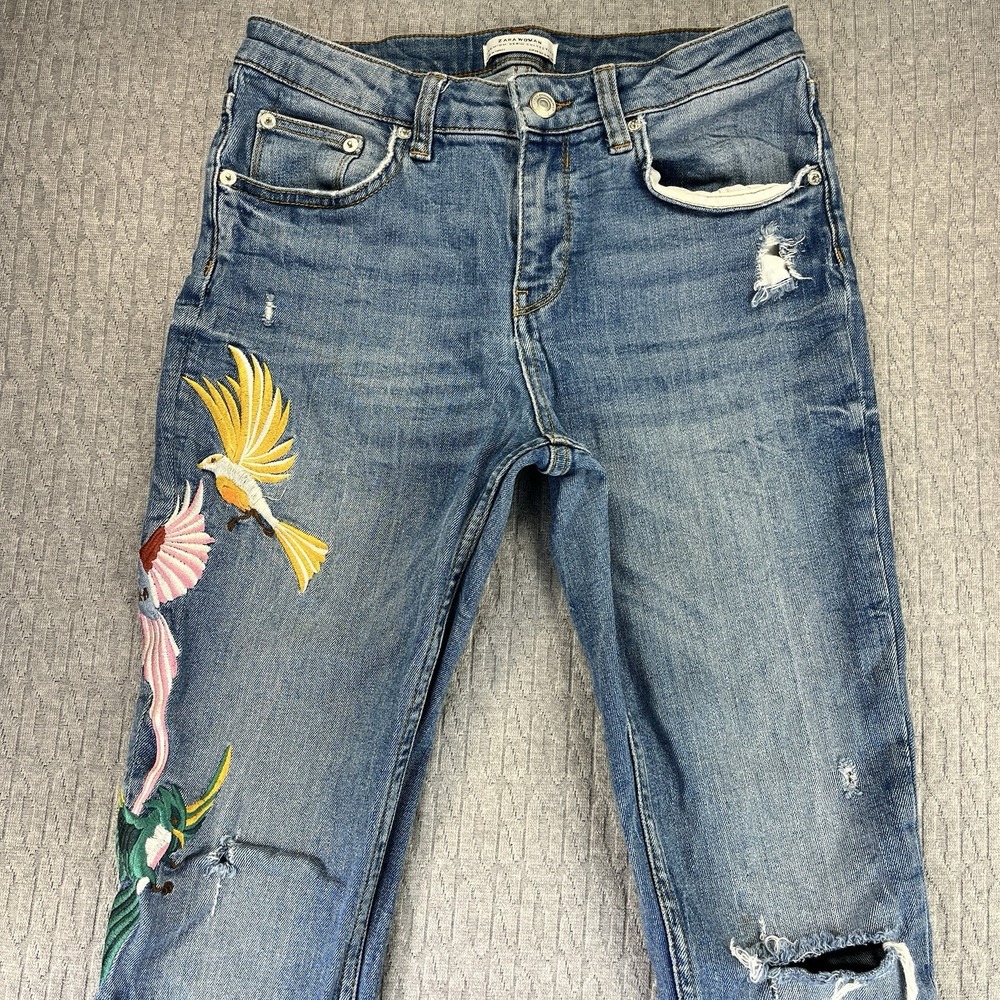 ZARA vintage Extremely Rare embroidery Women (6) exotic birds, blue jeans pants